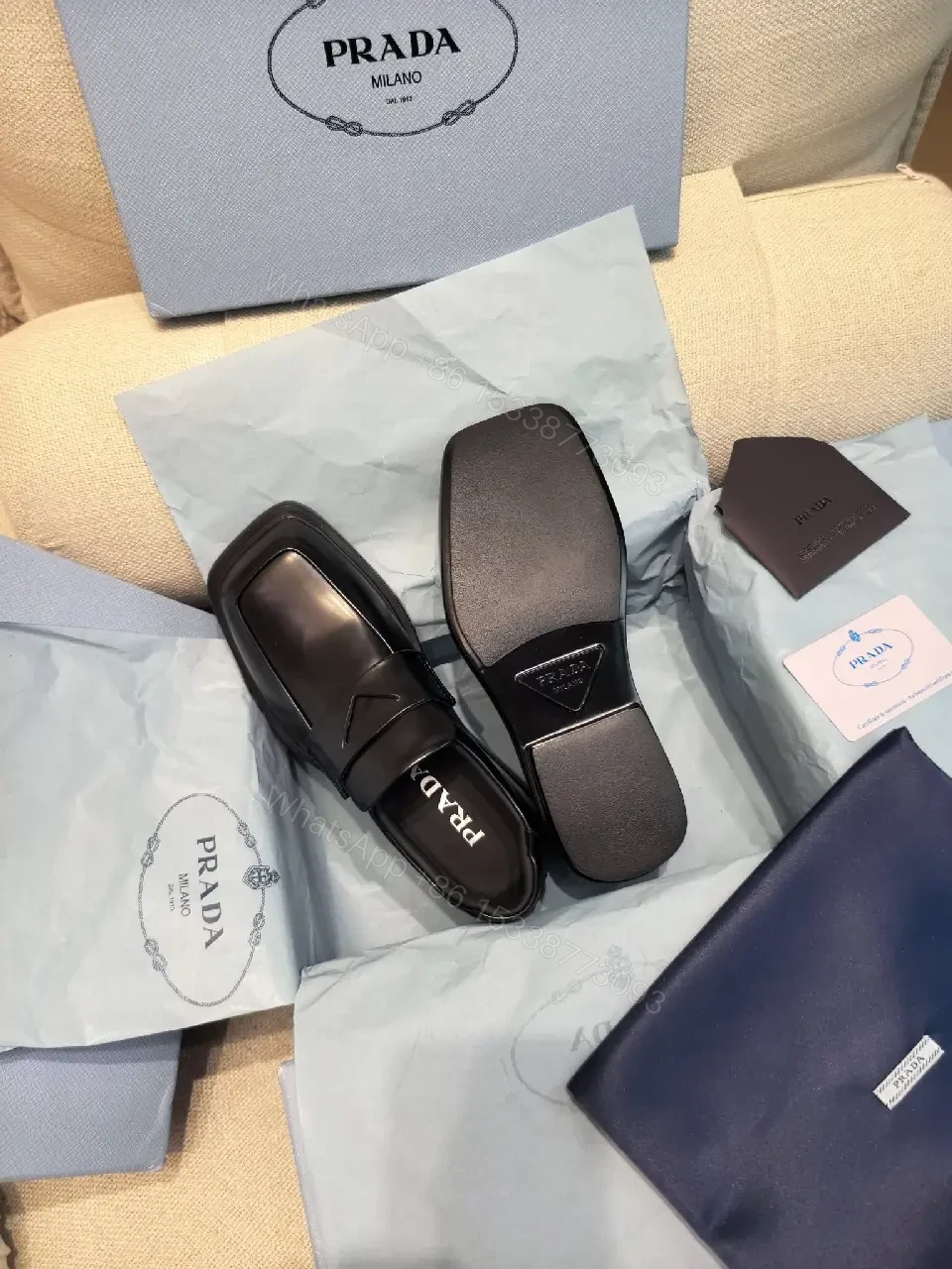 View 2 of Black Leather Prada Muffin-Style Loafers - Minimalist Square Toe