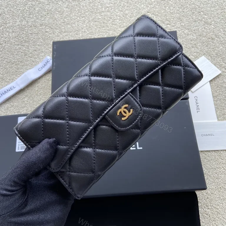 View 8 of Chic Quilted Black Leather Wallet â€“ Gold CC Logo Luxury