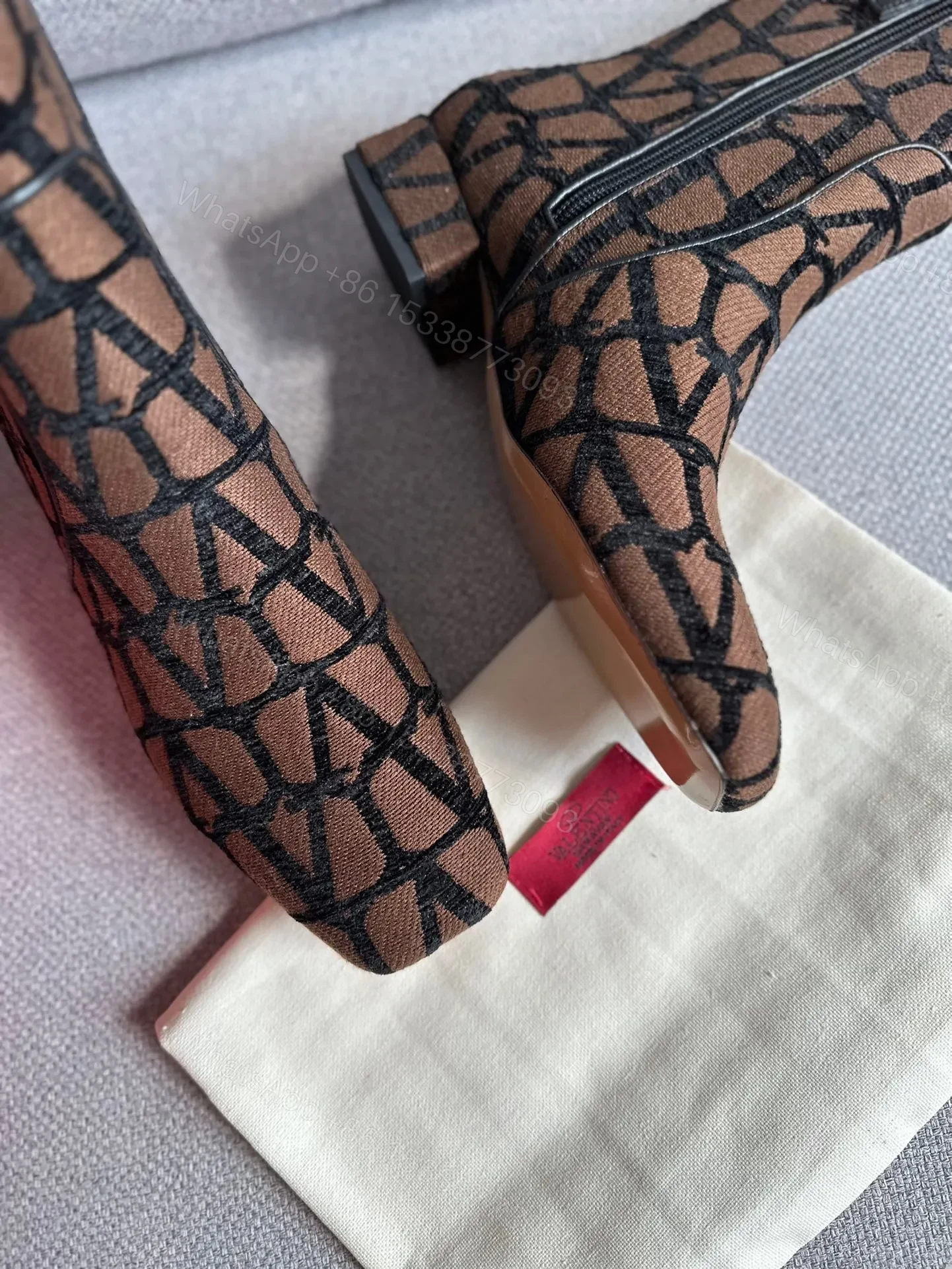 View 6 of Valentino Women Brown Fabric Logo Pattern Boots