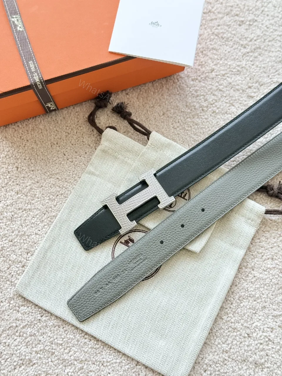 View 2 of Taupe Pebbled Leather Belt with H Buckle - Luxe Everyday Style