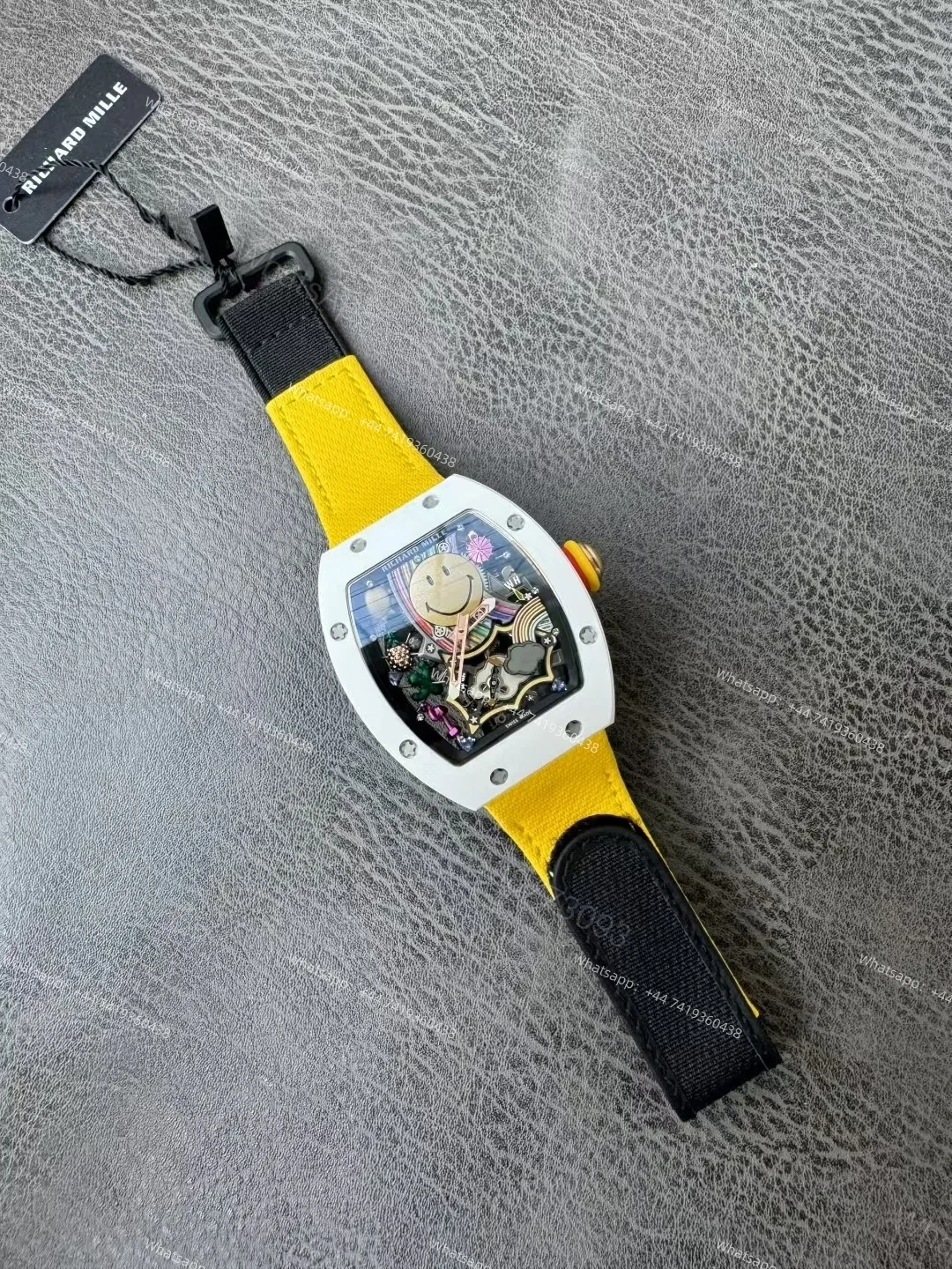 View 9 of Super Clone Richard Mille RM 88 Smiley White Ceramic Yellow Strap 1:1 Replica Watch