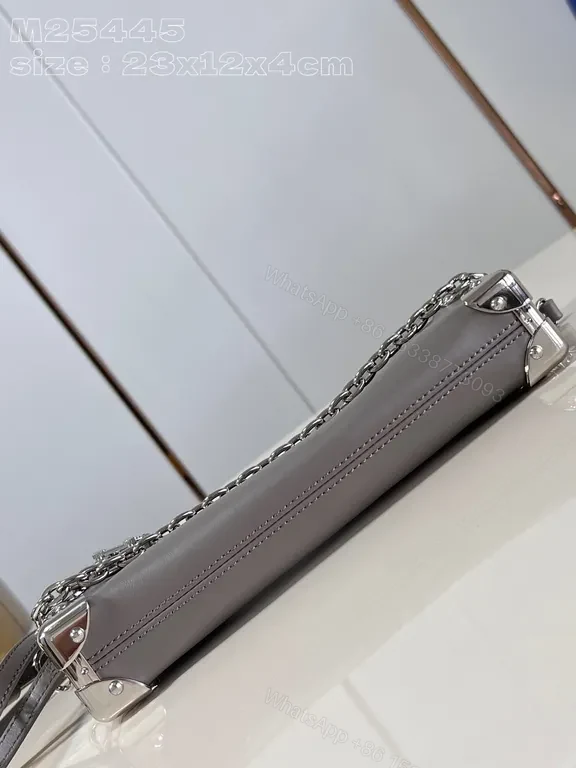 View 2 of Grey Leather Boxy Satchel, Silver Chain, LV Logo, Top Zip Bag