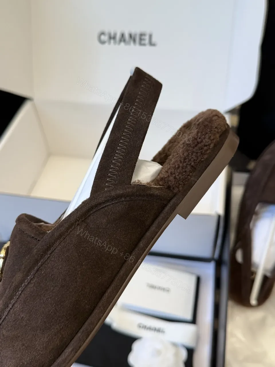 View 5 of Brown Suede Mule with Gold Logo Hardware – Slip-On Luxury Style