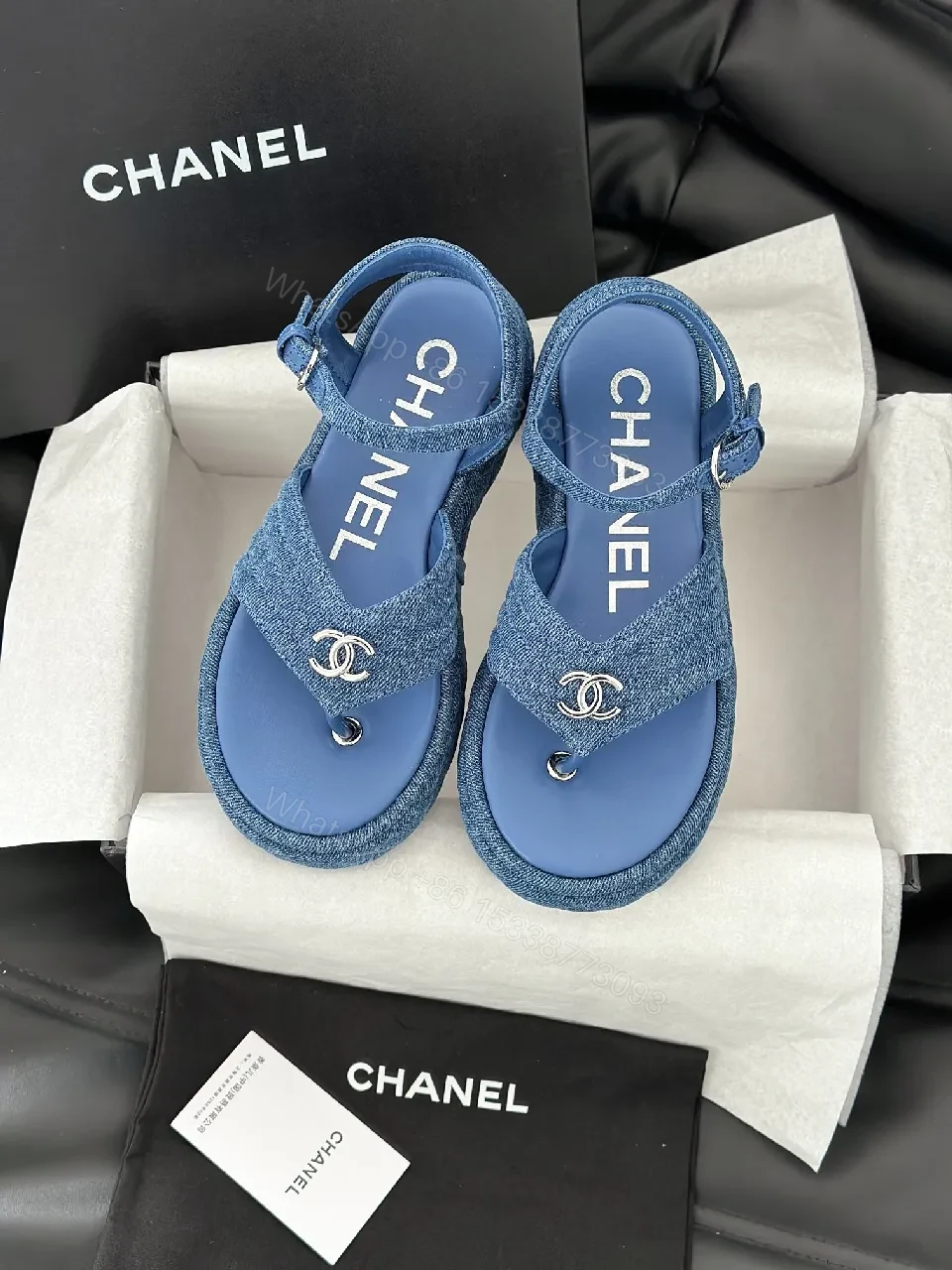 View 8 of Blue Denim Mule Sandals – Premium Chic, Logo Detail, Open-Toe