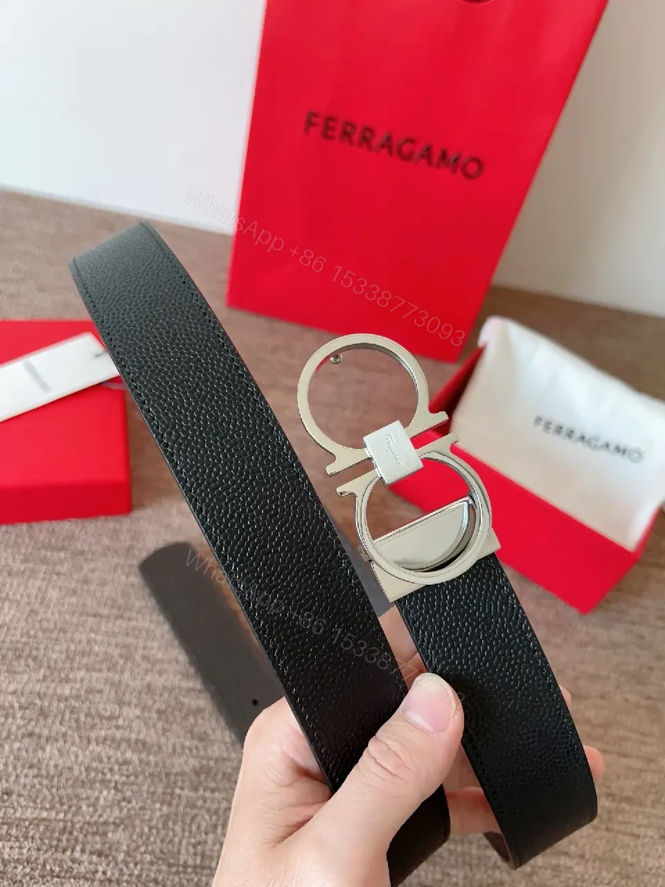 View 5 of Two-Tone Leather Belt with Interlock Buckle – Luxury Everyday Style