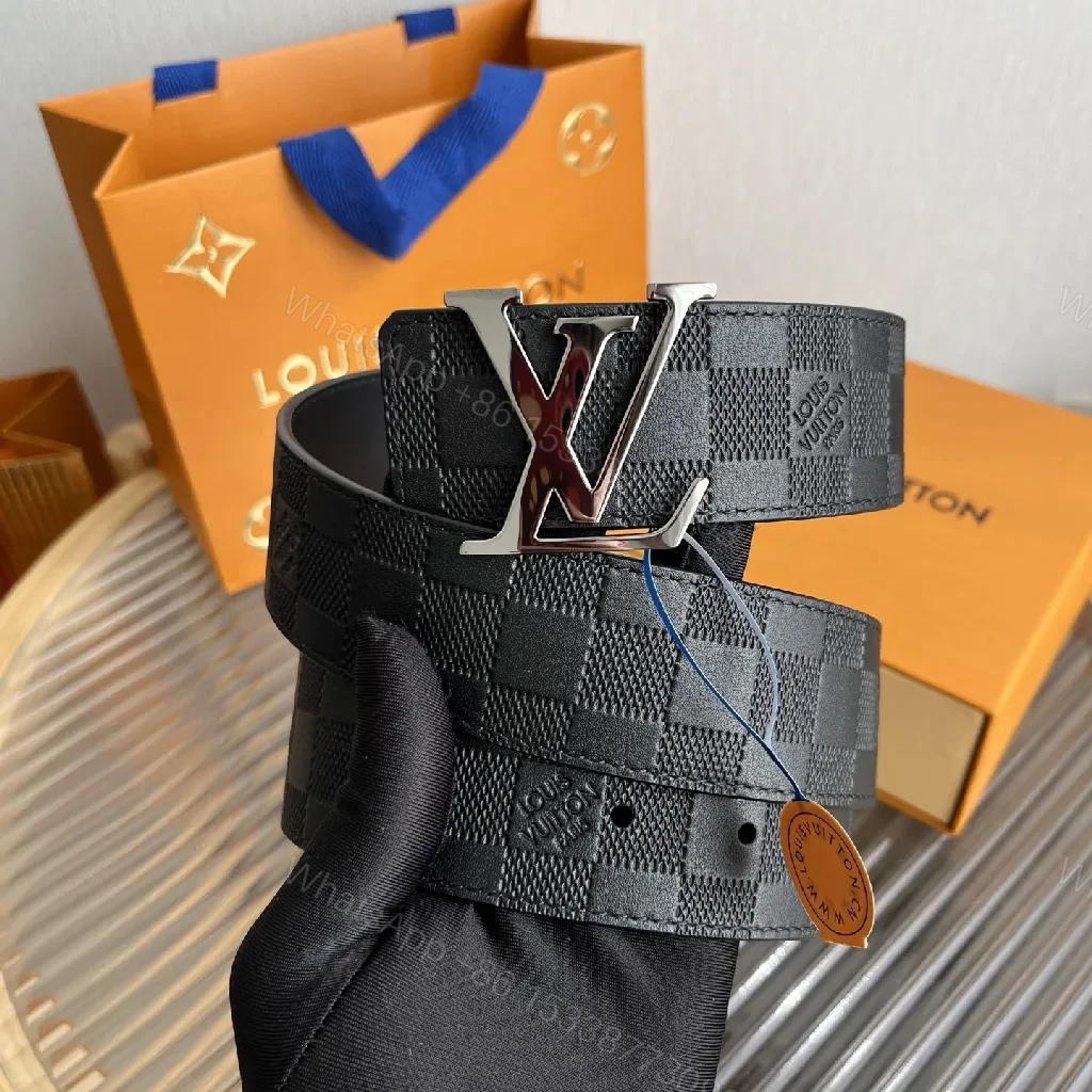 View 8 of Checkerboard Leather Belt with LV-Look Buckle