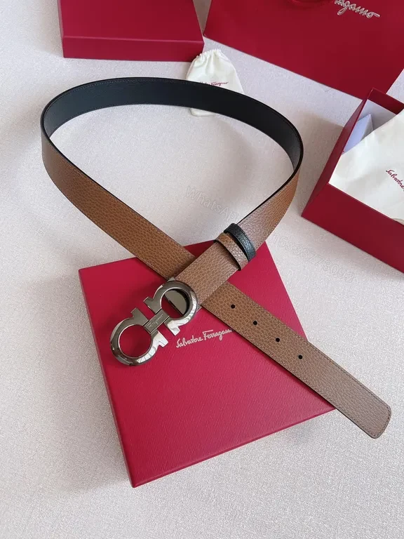 View 5 of Taupe Pebbled Leather Belt with Gancini Buckle - Ferragamo Style