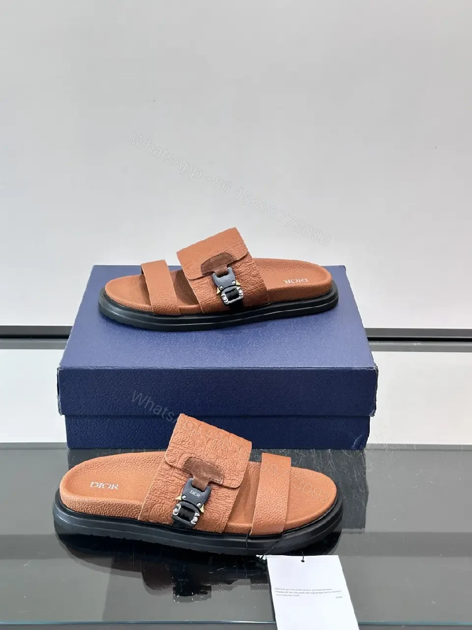 View 10 of Brown Leather Sandals Dior Embossed Classic Slide Buckle Strap Sandals