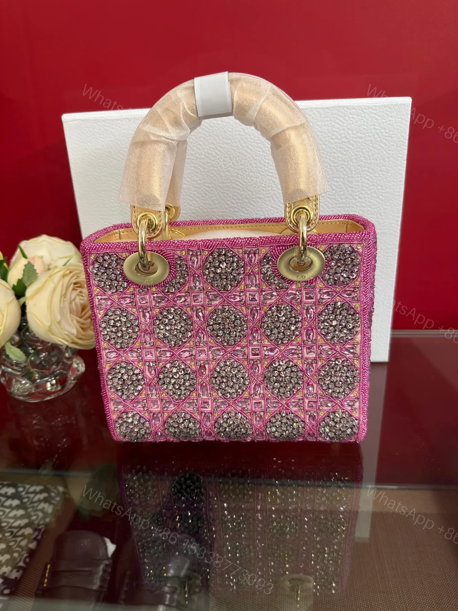 View 6 of LADY DIOR BAG Metallic Calfskin & Satin with Rose Des Vent