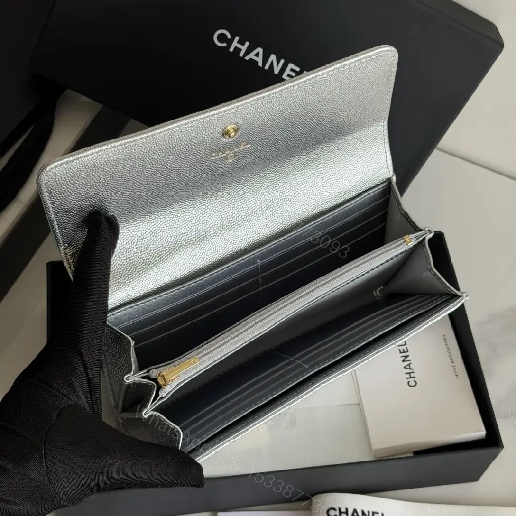 View 7 of Silver Metal Leather Quilted Wallet with CC Flap Closure