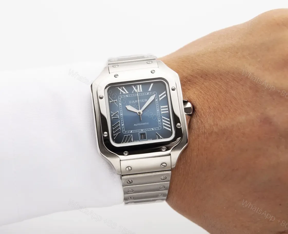 View 2 of Premium Cartier Santos Blue Dial Steel Bracelet replica Men’s Edition RG-CARTIER-SANTOS-BLUE-STEEL-MENS