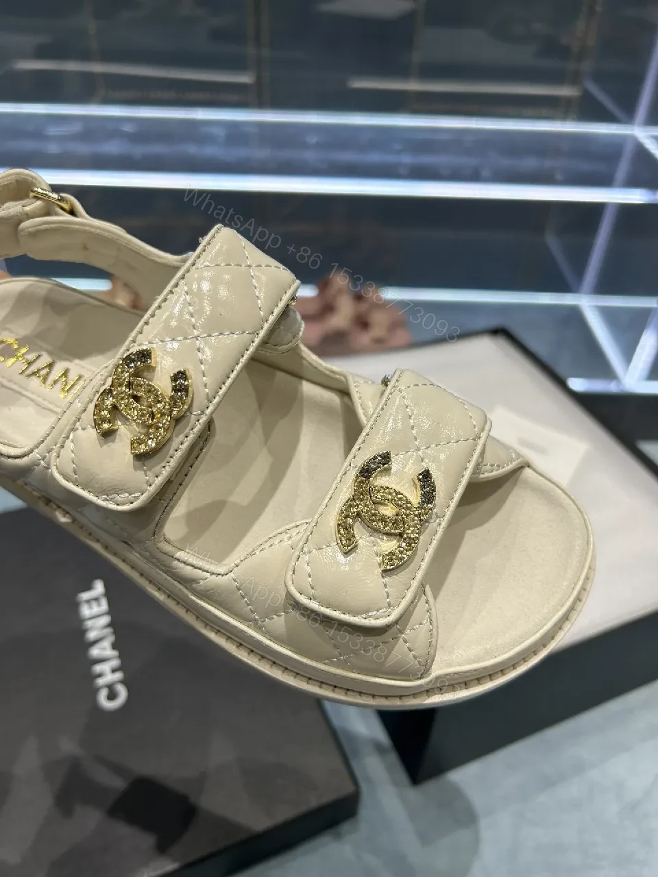 View 6 of Neutral Leather Quilted Sandals with Velcro Straps, Comfortable Luxury
