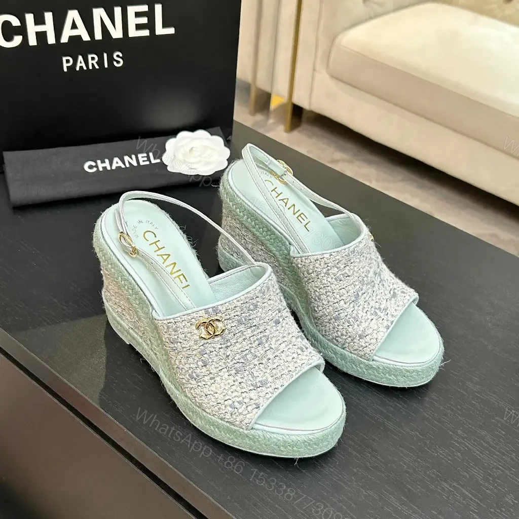 View 3 of Mint Boucle Espadrille Wedges – Platform Comfort, Logo Detail