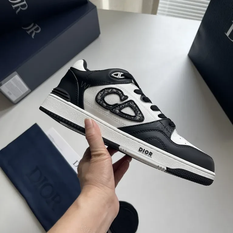 View 2 of Bold Contrast Leather Sneakers - Dior-Detail Black & White High-Impact Shoes