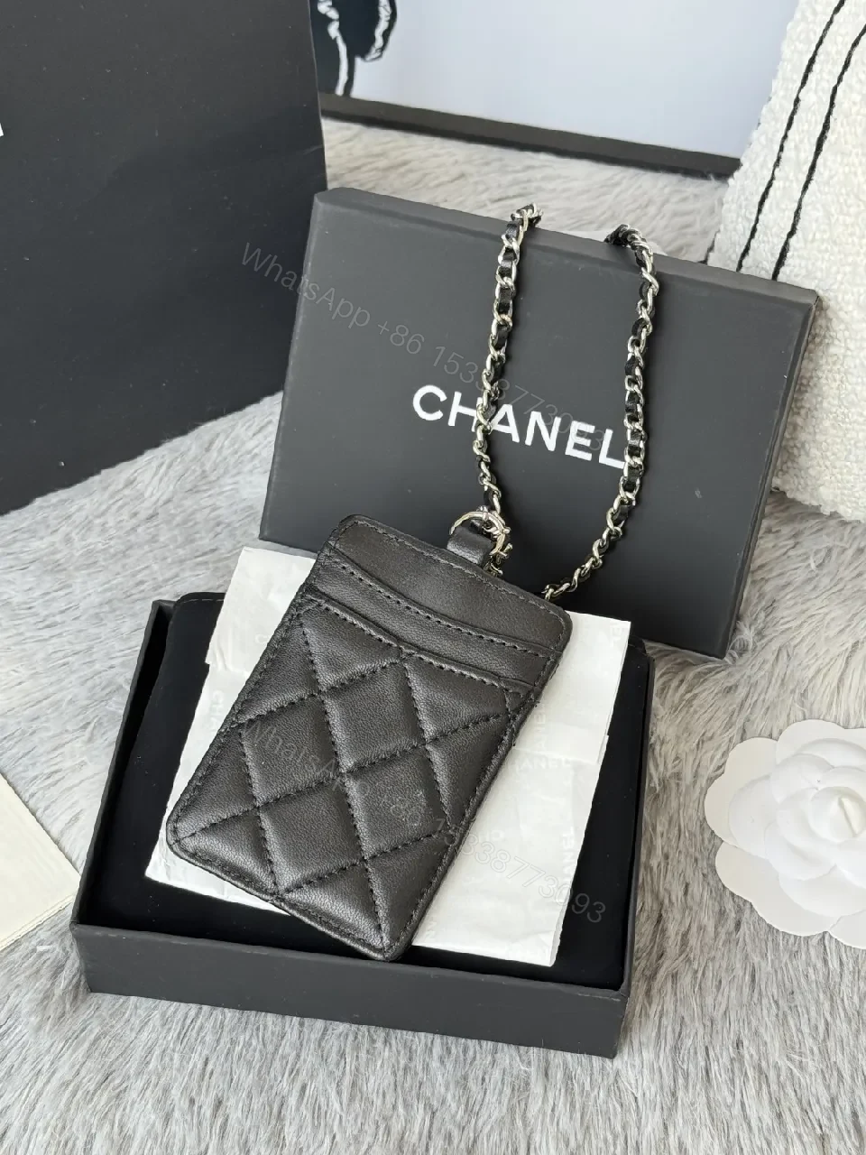 View 3 of Quilted Leather Cardholder with Chain Strap – Black, Luxe Style