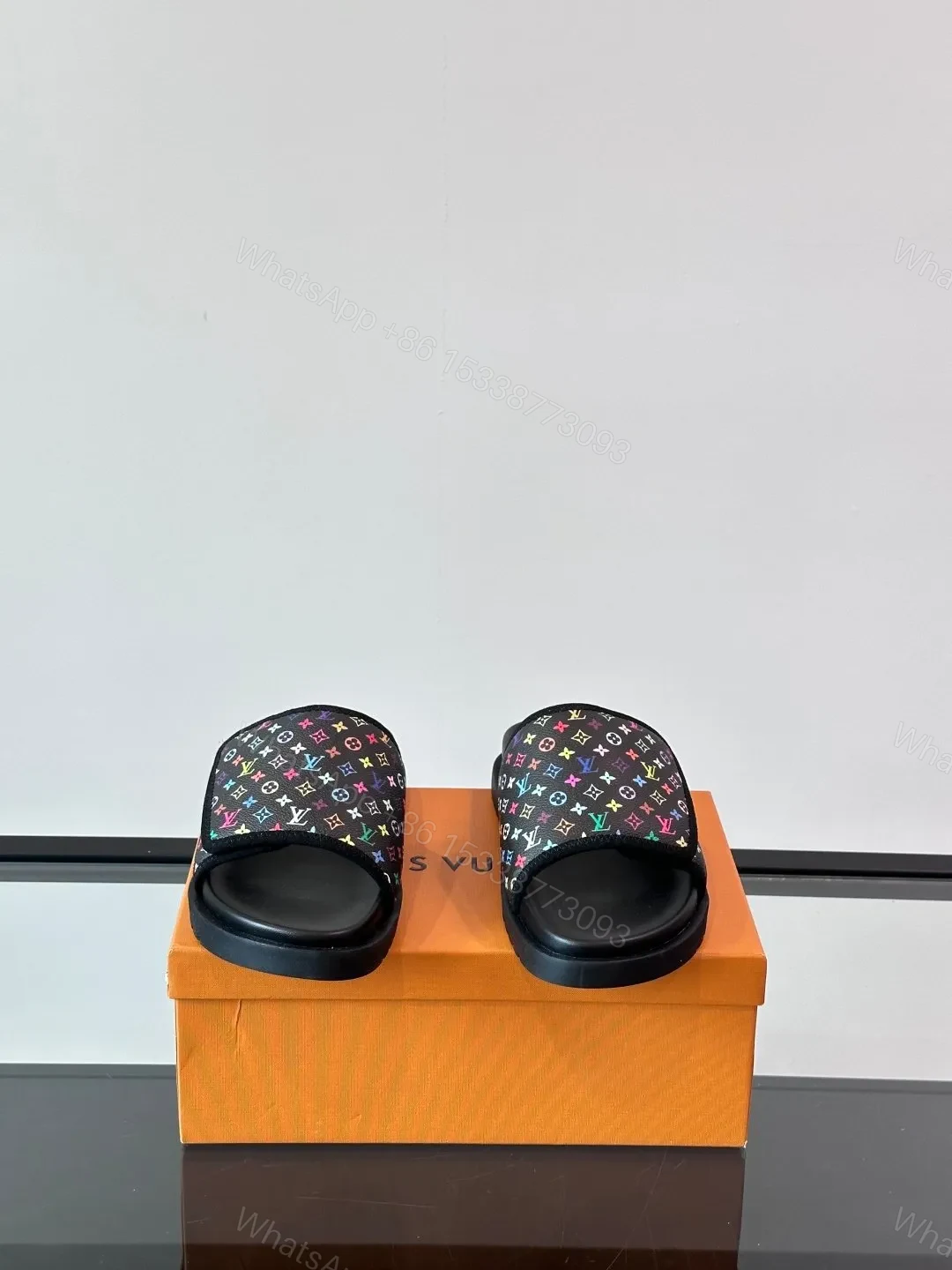 View 2 of LV Men Black Canvas Multicolor Print Slides