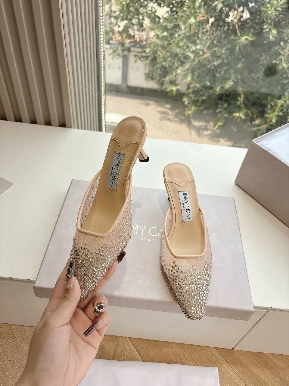 View 2 of Beige Beaded Pointed-Toe Mules — Luxe Crystal Shine