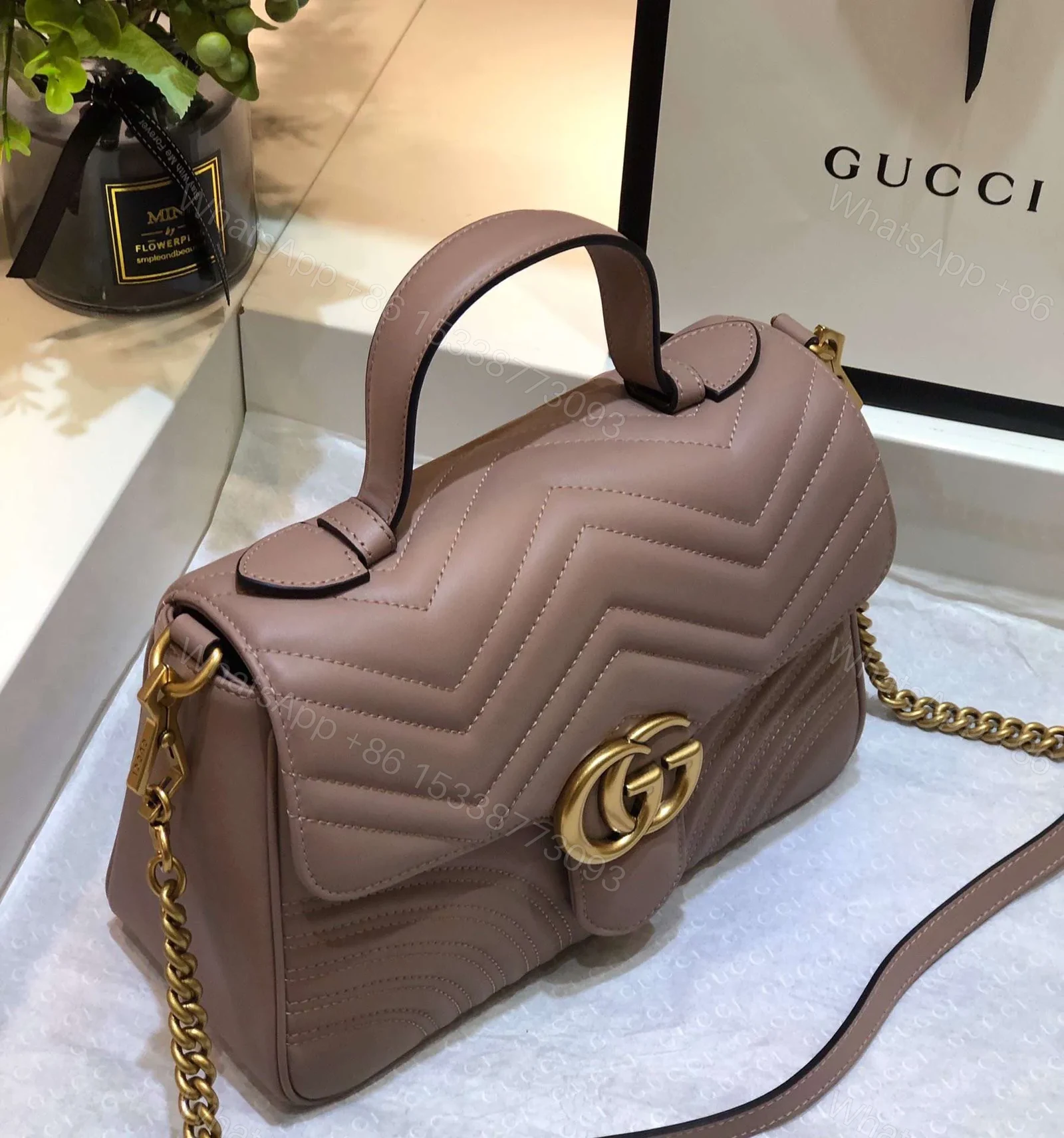 View 3 of Gucci Marmont Top Handle Like Auth Women’s Handbag with Gold Buckle 27cm
