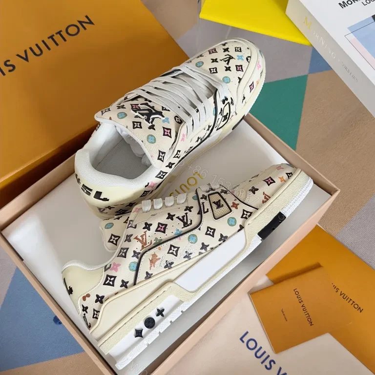 View 3 of White LV-Pattern High-Top Sneakers: Multicolor Luxury Comfort