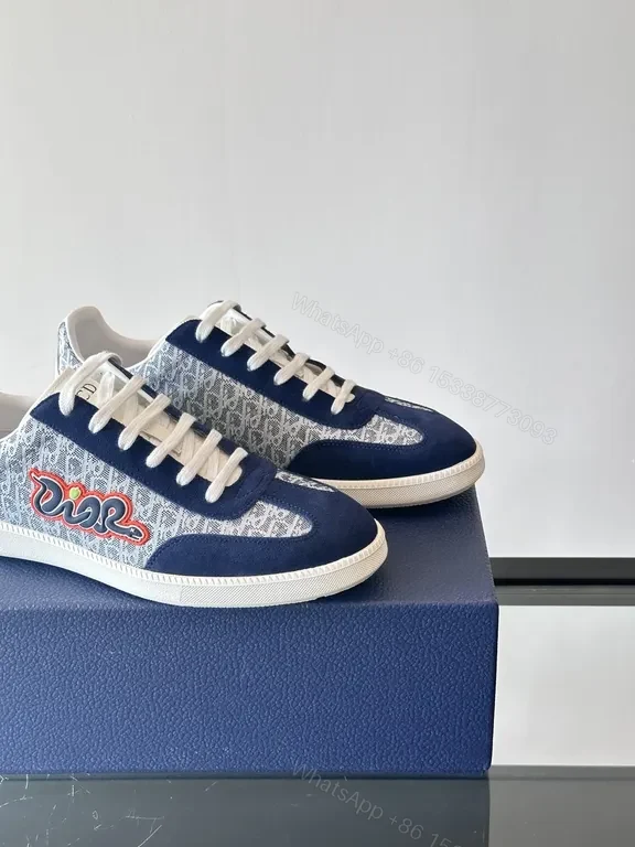 View 2 of Navy Dior Monogram Leather-Suede Low-Top Sneakers