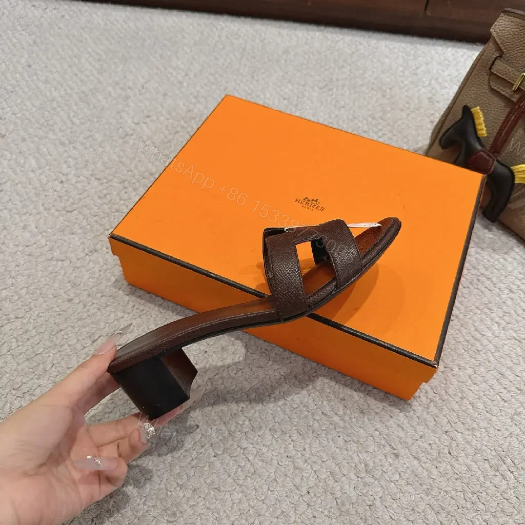 View 10 of Brown Leather H-Style Sandals - Hermes-Inspired Slide Sandals