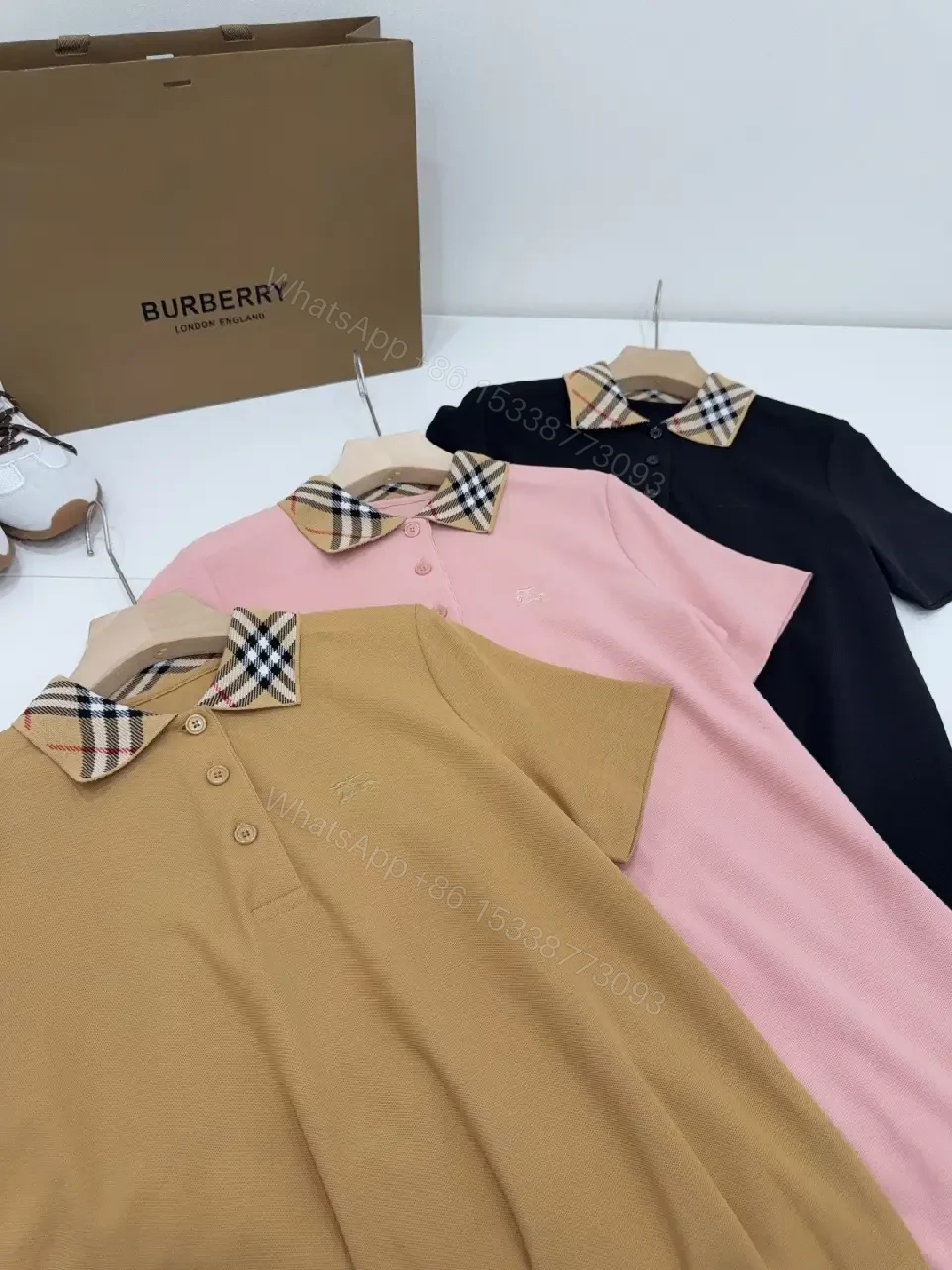 View 6 of Mustard Cotton Polo with Burberry-Style Plaid Collar