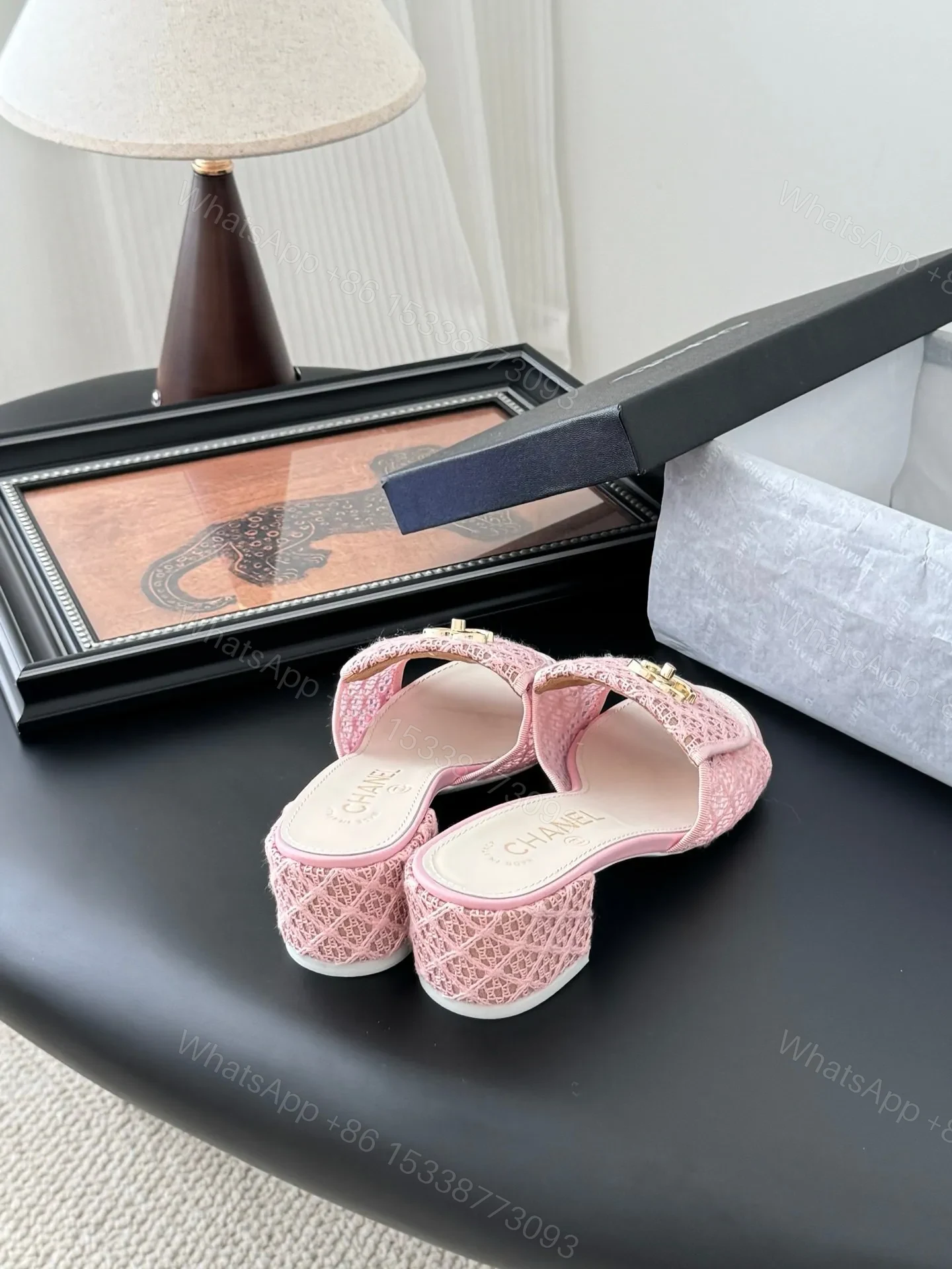 View 3 of Chanel Women Pink Woven Leather Slides