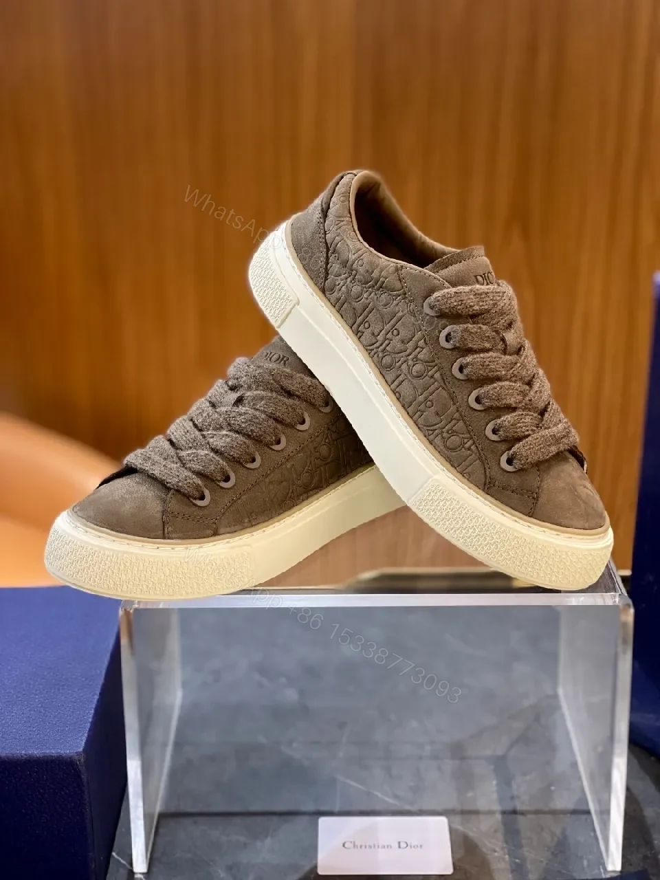 View 8 of Brown Leather Embossed Low-Top Sneakers with Gum Sole
