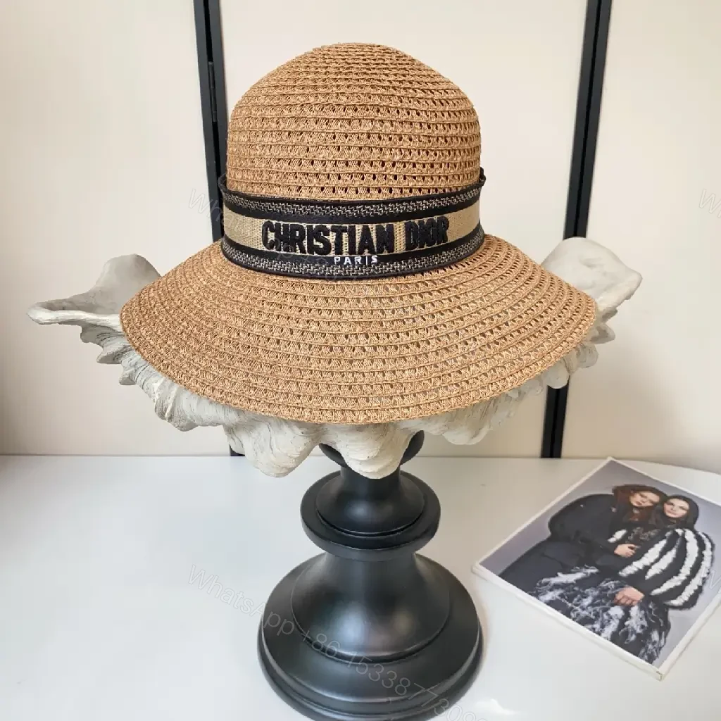 View 6 of Natural Tan Straw Hat • Crochet Lattice Texture • Boater Style • Wide Brim Sun Hat with Dior Band • Product Type: Hat