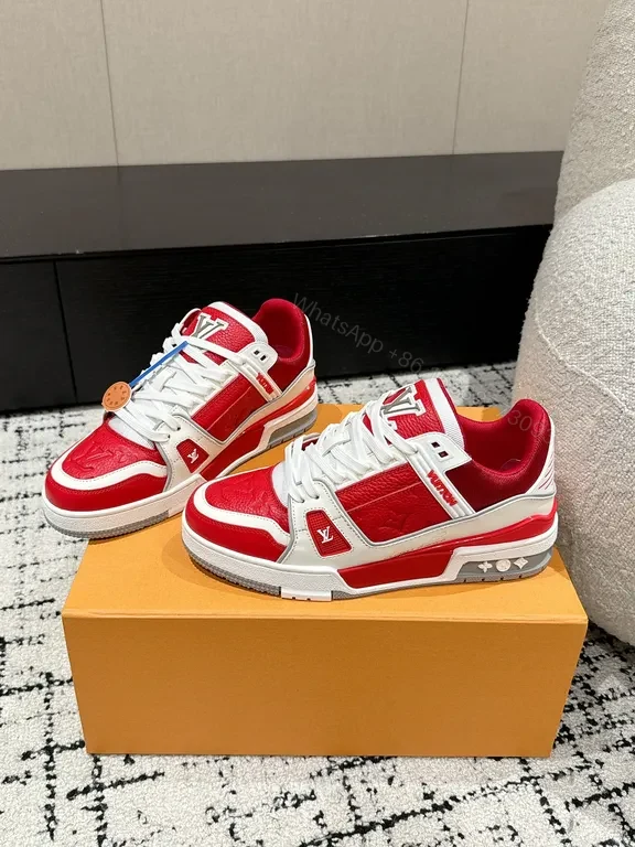 View 4 of Bold Red-White Luxe High-Top Sneaker with LV-Inspired Details