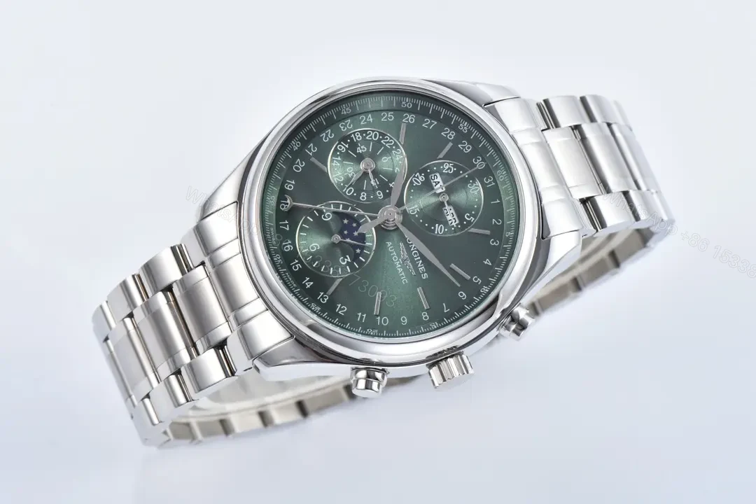 View 2 of Longines Master Collection Moon Phase Chronograph Watch Silver Stainless Steel with Green Dial 42mm