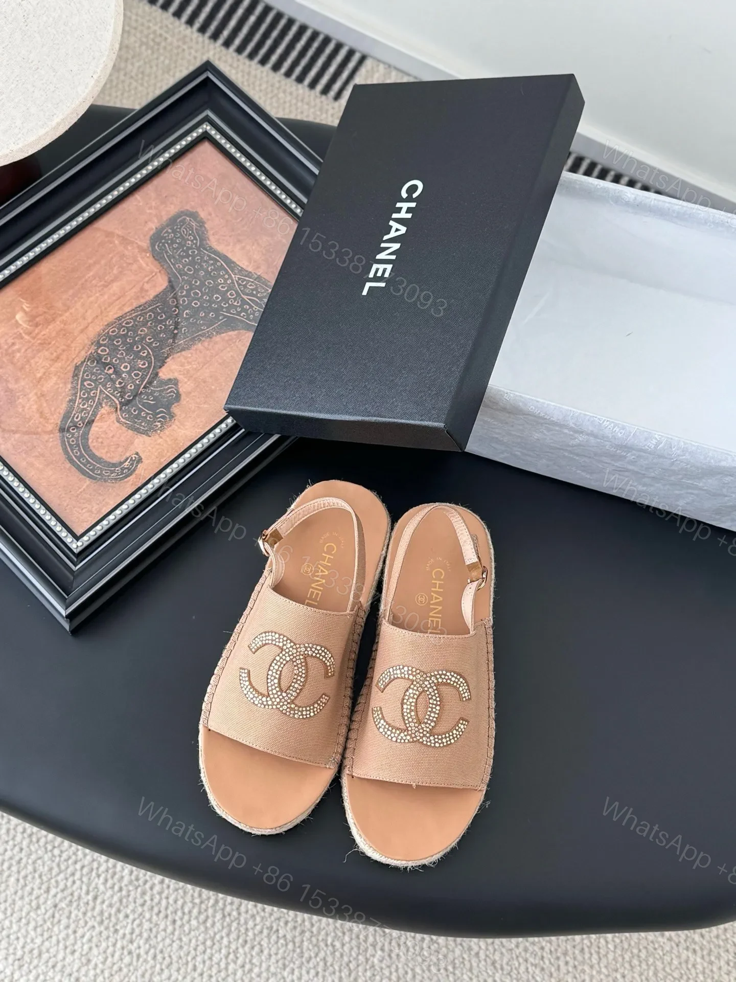Chanel Women Beige Canvas Crystal Logo Sandals — view 1