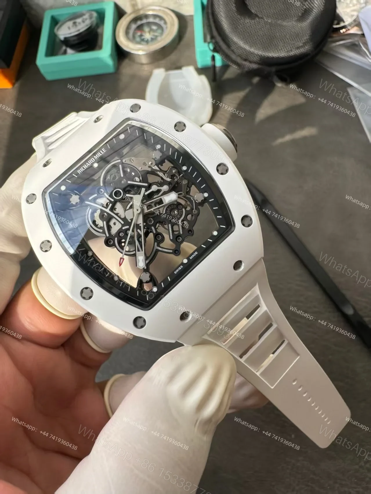 View 15 of Richard Mille RM 055 White Ceramic Skeleton Vaucher Free-Sprung Movement White Rubber Strap Custom Super Clone