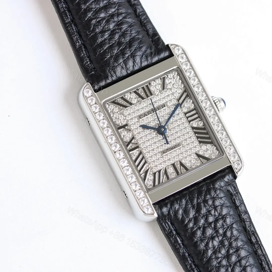 View 7 of AF Factory Cartier Tank MK3 Women’s Automatic Mechanical Watch – Silver with Diamond Bezel, Black Leather Strap