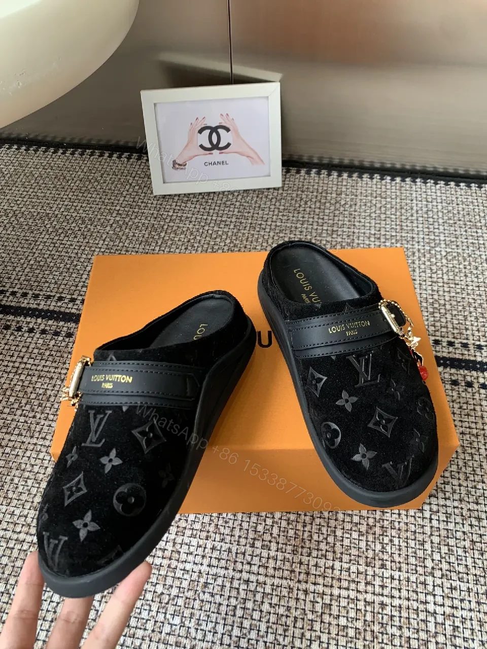 Monochrome Velvet Slip-Ons with Gold Hardware — view 1