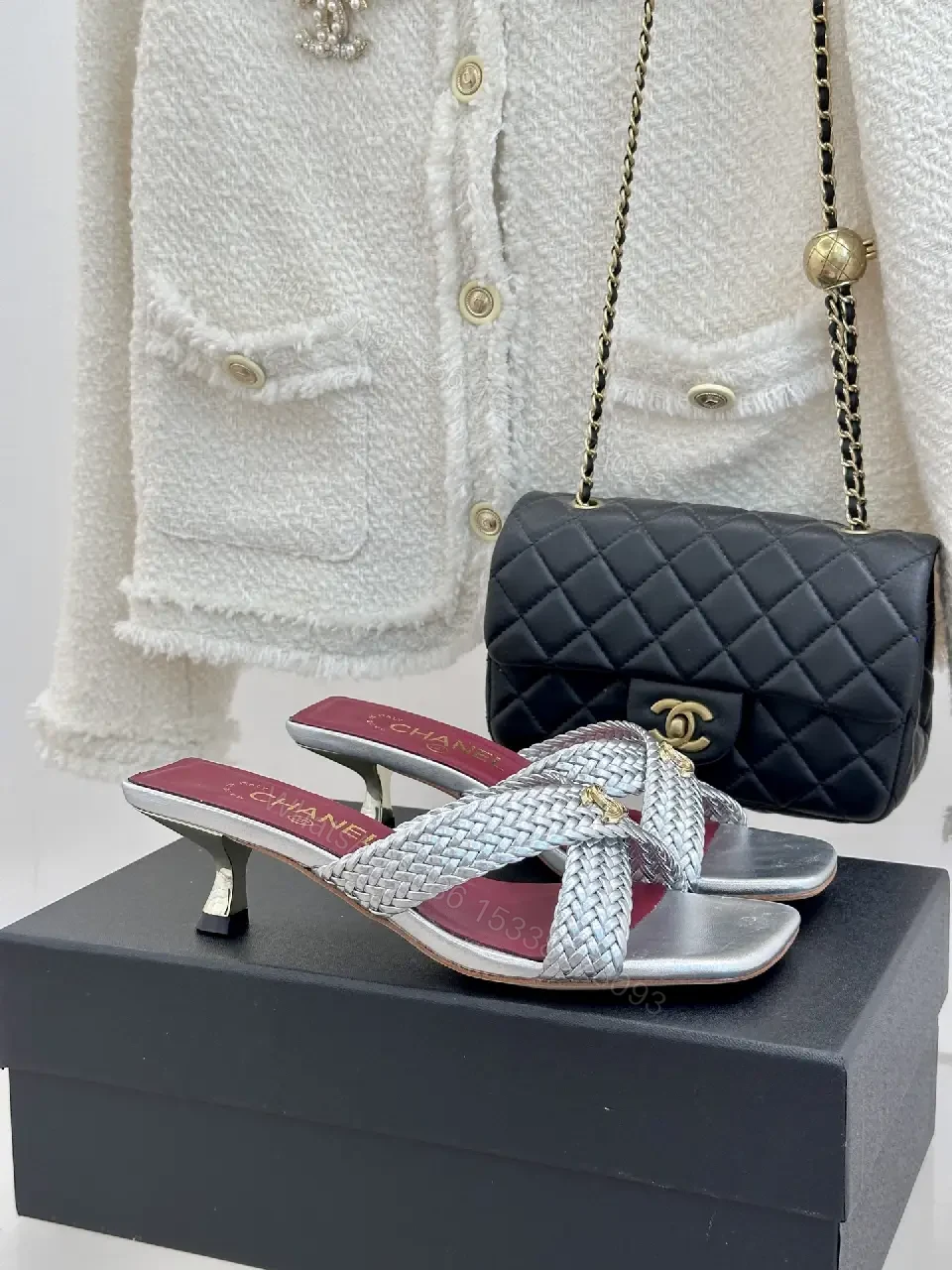 View 2 of Silver Braided Slides Metallic Chanel-inspired Cushioned Comfort Mules