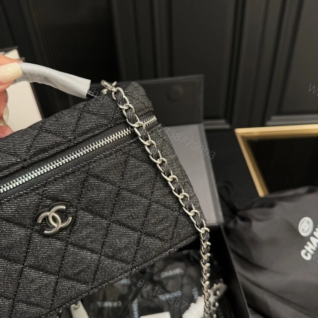 View 6 of Chanel Classic Vanity With Chain Silver Tone Denim Black 19cm
