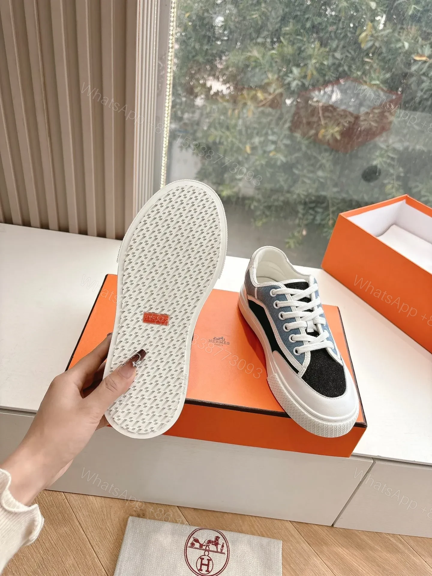 View 2 of Hermes Women Black Blue Canvas And Leather Sneakers