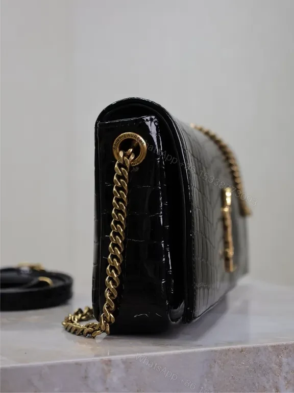 View 2 of Croc-Effect Black Leather Bag with Gold YSL Chain Strap