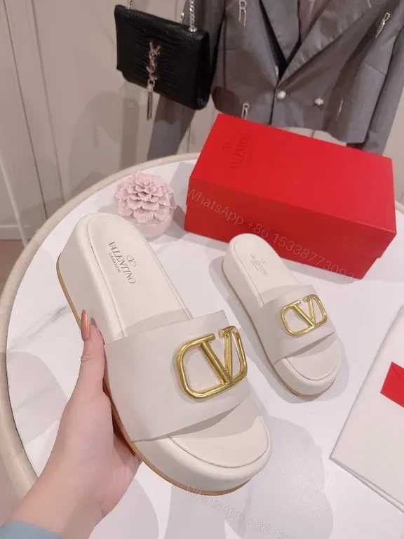 View 4 of Valentino-Style White Leather Slides with Gold Logo Buckle