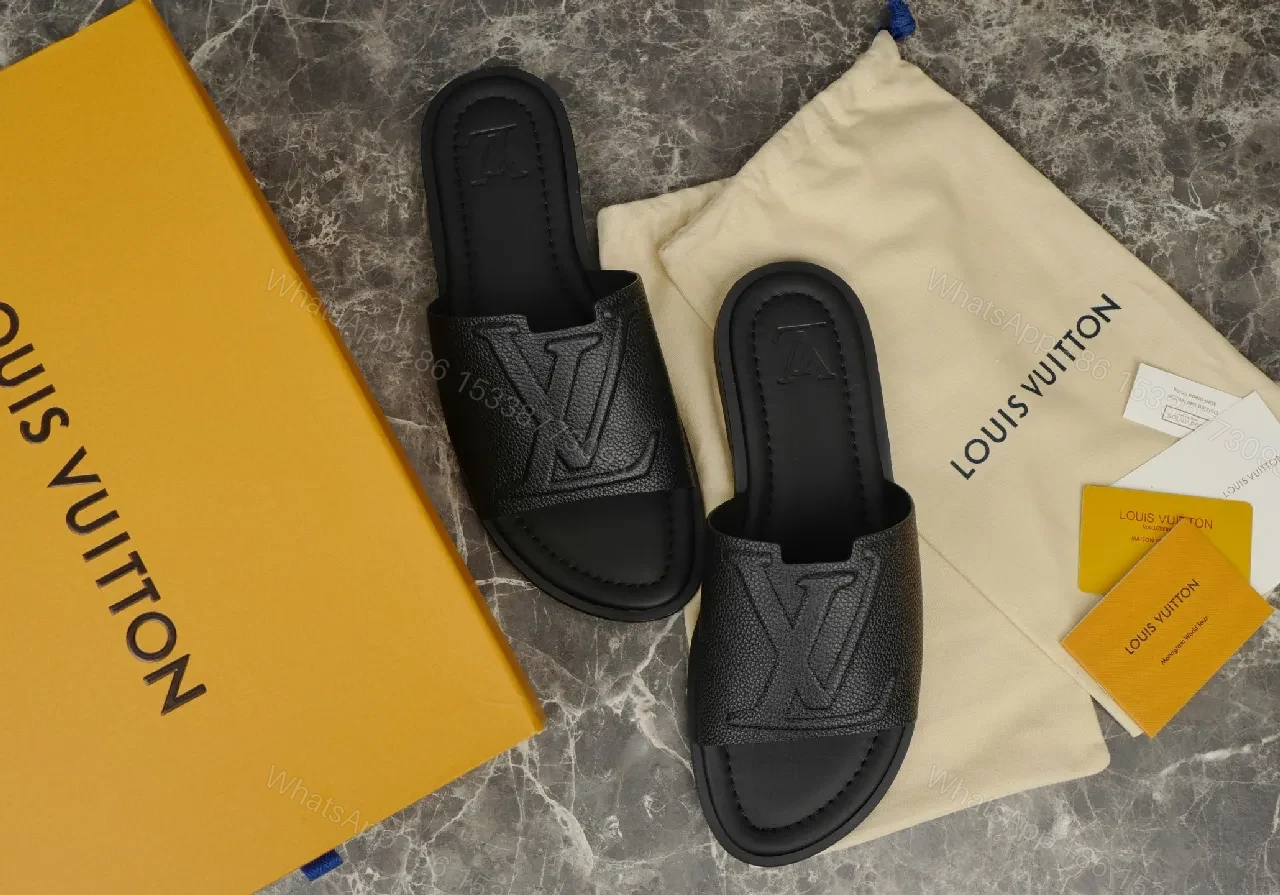View 4 of Bold Leather Slides with Monogram Texture – Everyday Luxury