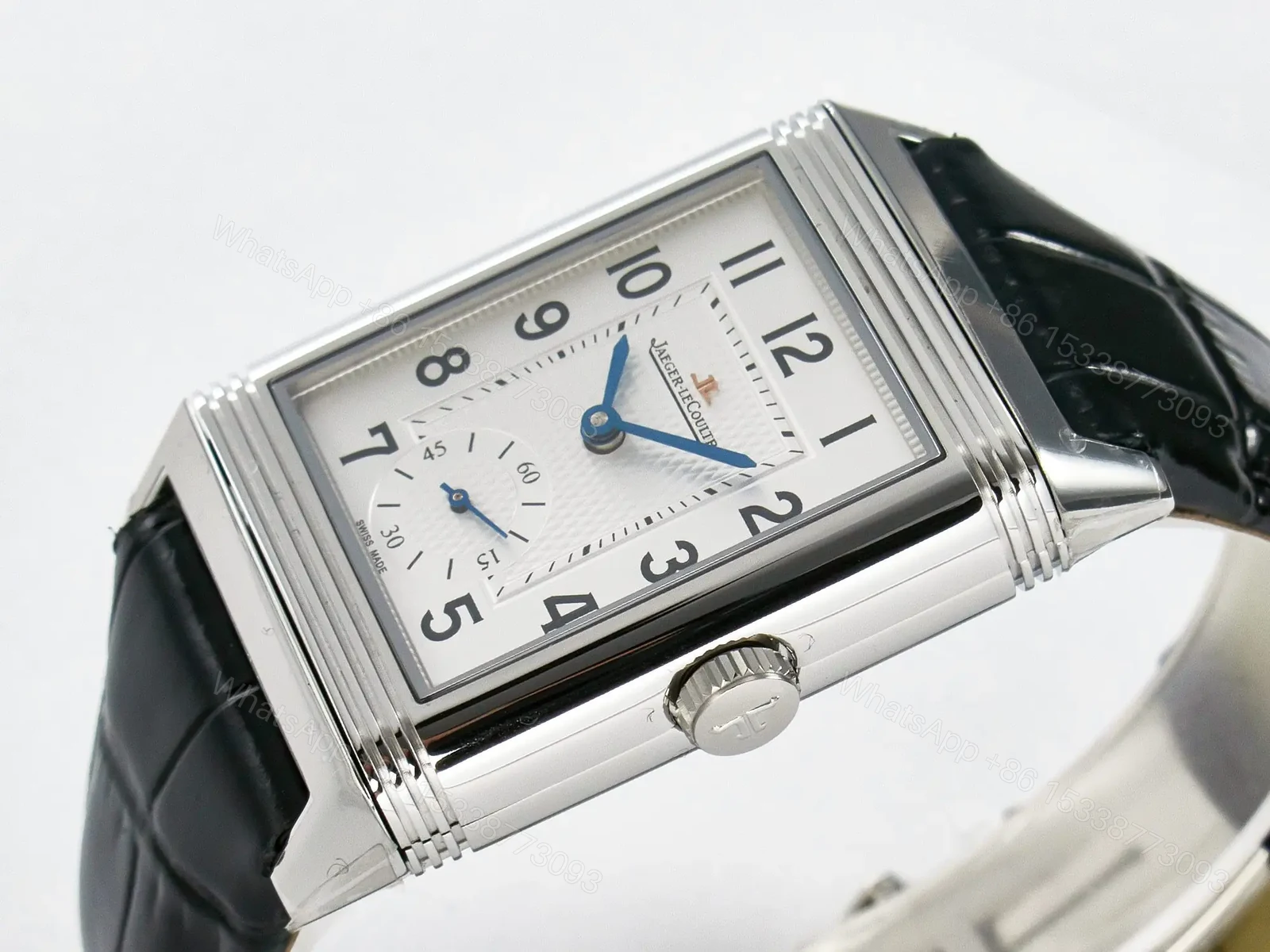 View 8 of Reverso Classic Duoface Small Seconds SS MGF Best Edition White Guilloché Dial on Black Leather Strap A854A