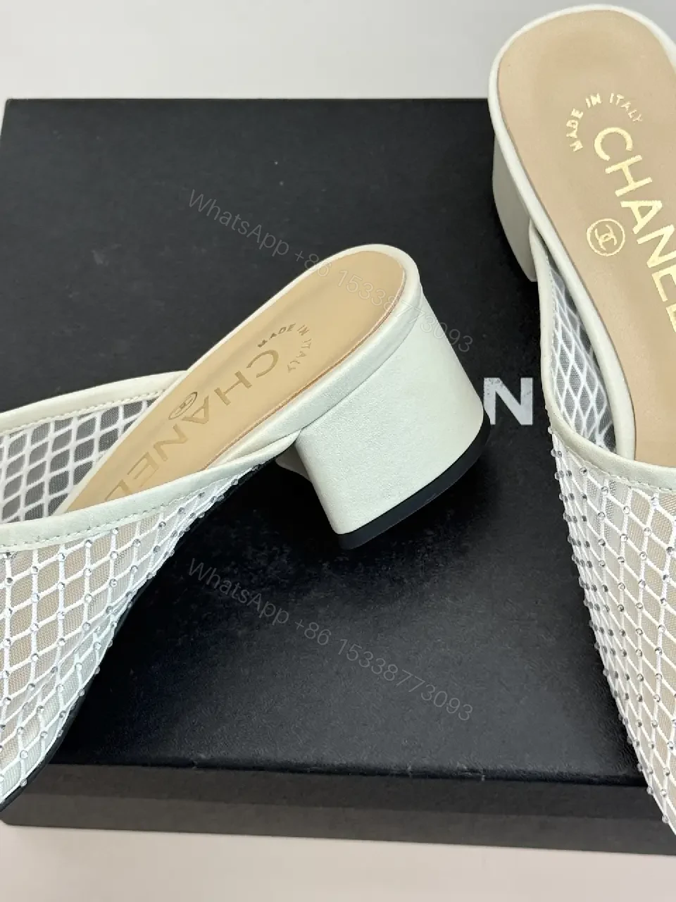 View 7 of White Mesh Mules Silver Heel Classic Chanel Style Slippers