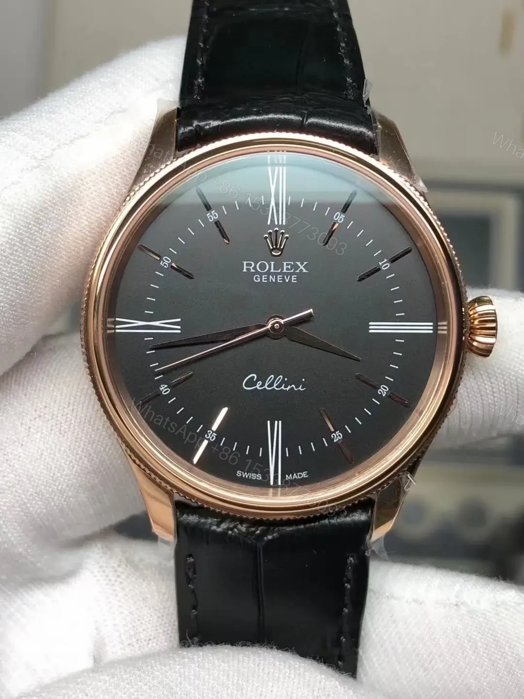 View 2 of Rolex Cellini Time 50505 39mm Everose Black Dial Black Alligator Strap Watch 50505-0009