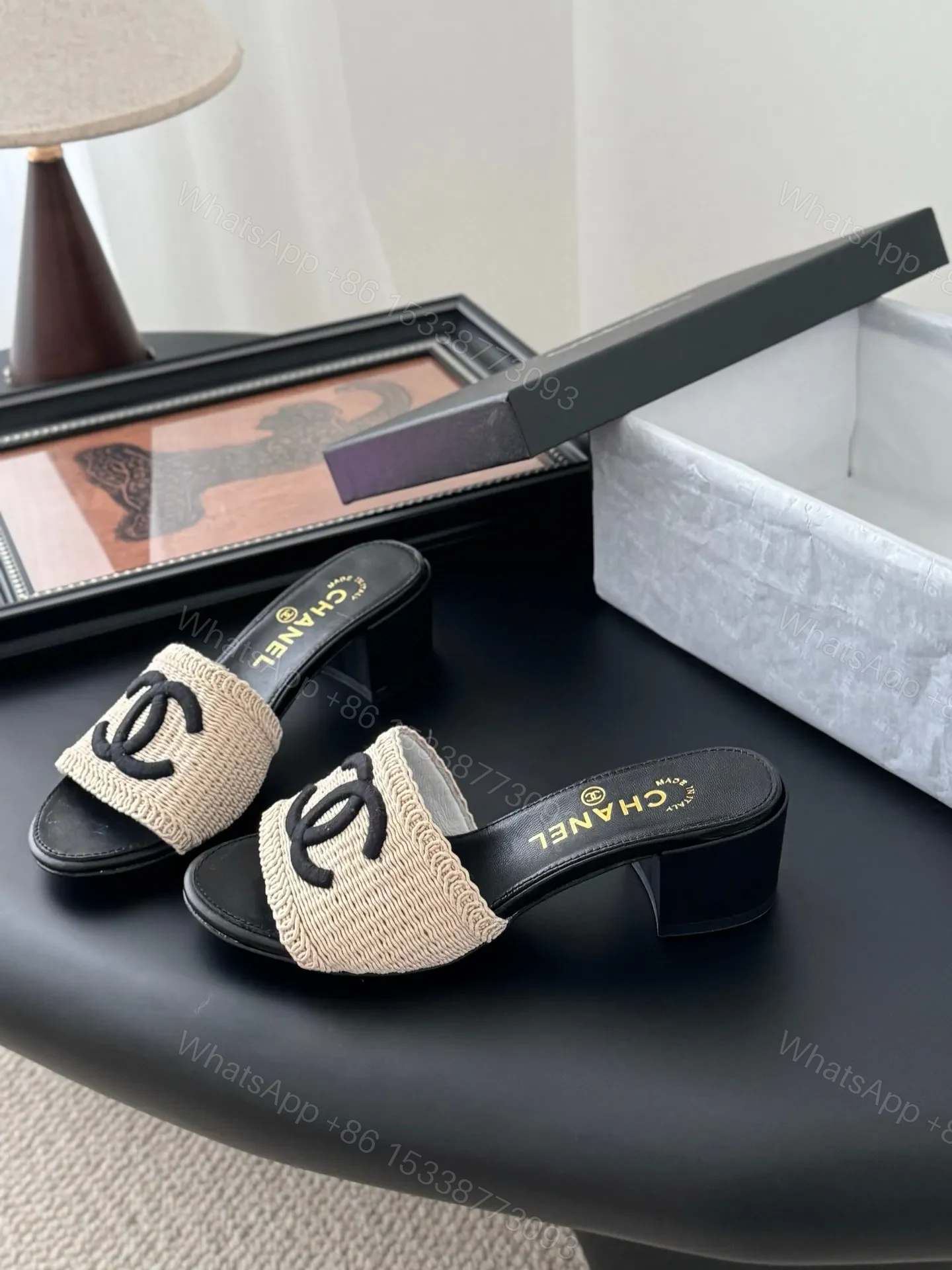 View 2 of Chanel Women Beige Woven Fabric Black Leather Slides