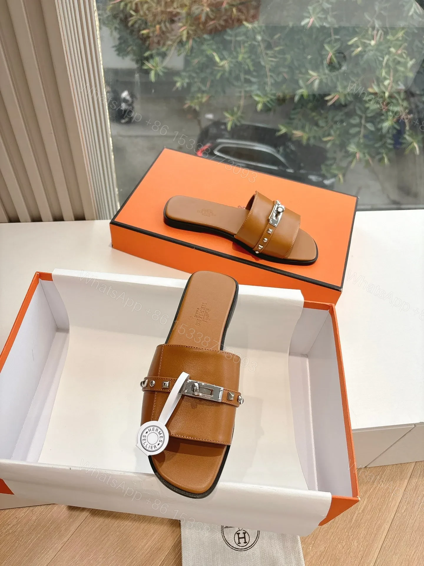 View 4 of Hermes Women Brown Leather Slide Sandals