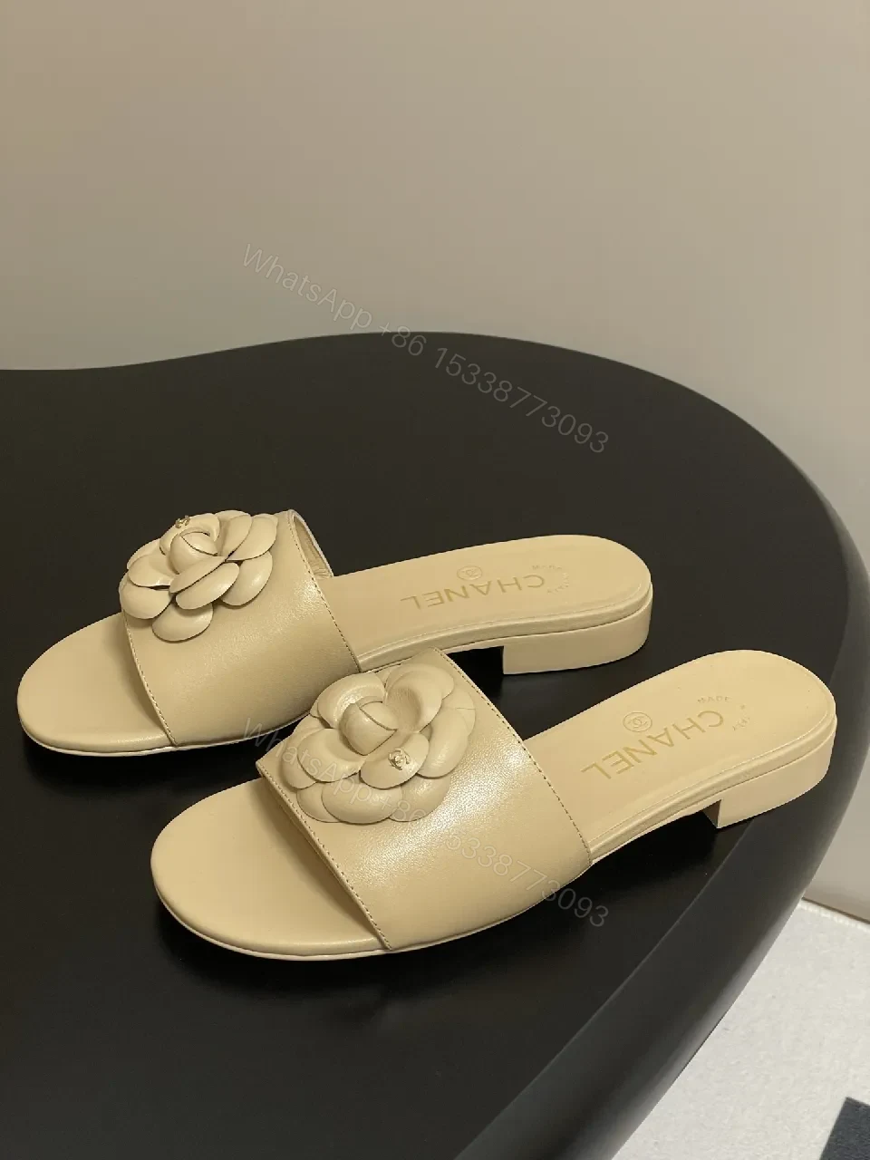 View 2 of Camellia Leather Slides — Soft Nude Comfort, Couture Detail, Everyday Luxury