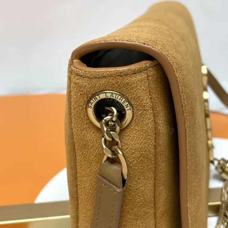 View 3 of Camel Suede Crossbody Bag with Gold YSL Emblem - Tassel Detail