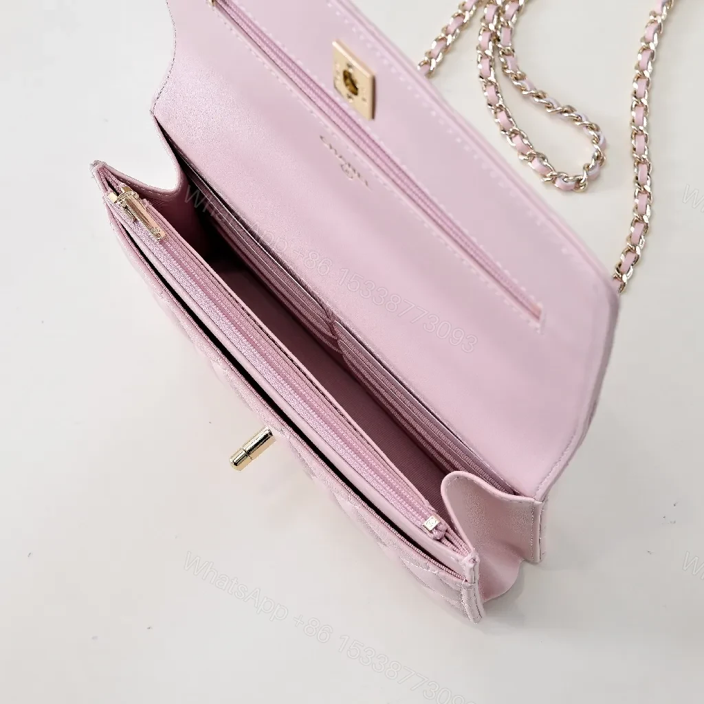 View 6 of Soft Pink Quilted Mini Bag with Gold Chain, Satin Texture, Everyday Luxury