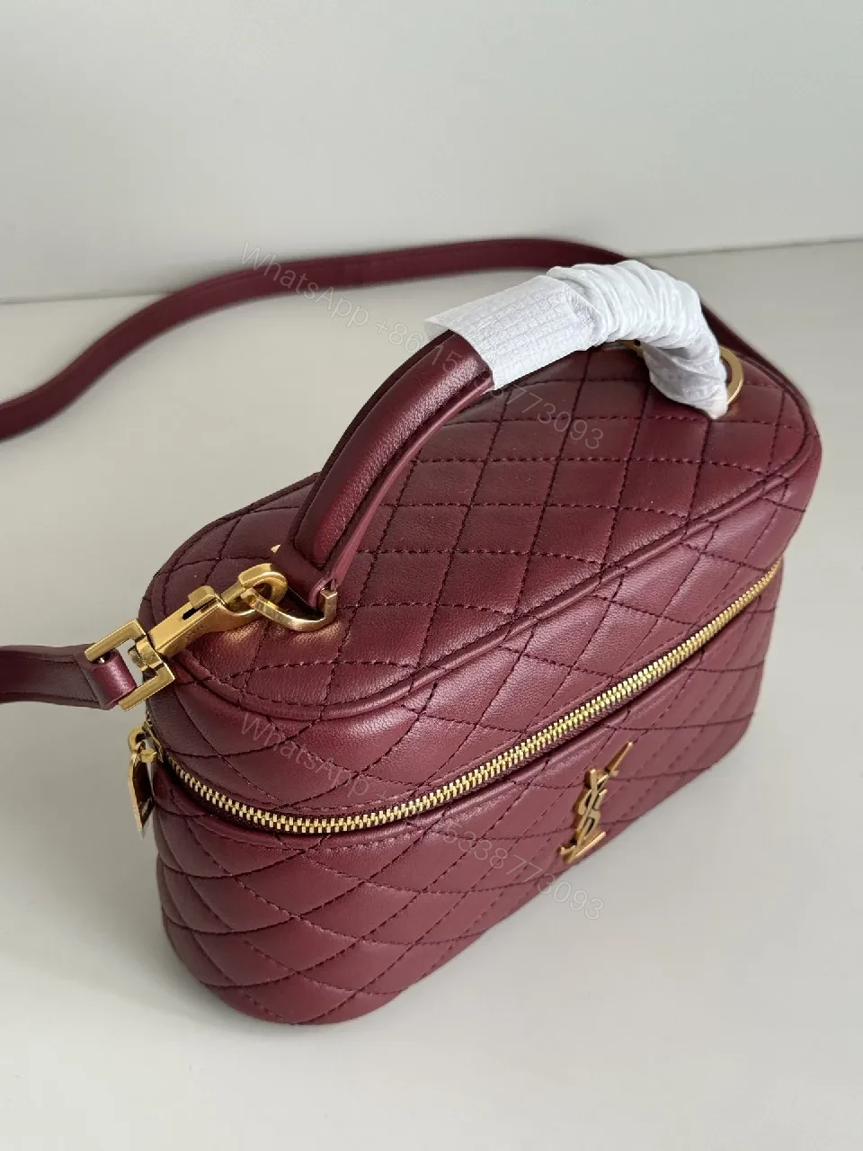View 5 of Burgundy Quilted Leather Bag with Gold Hardware, Compact Style